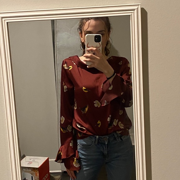 Zara Bird Print Ruffle Sleeve Blouse - Picture 5 of 11